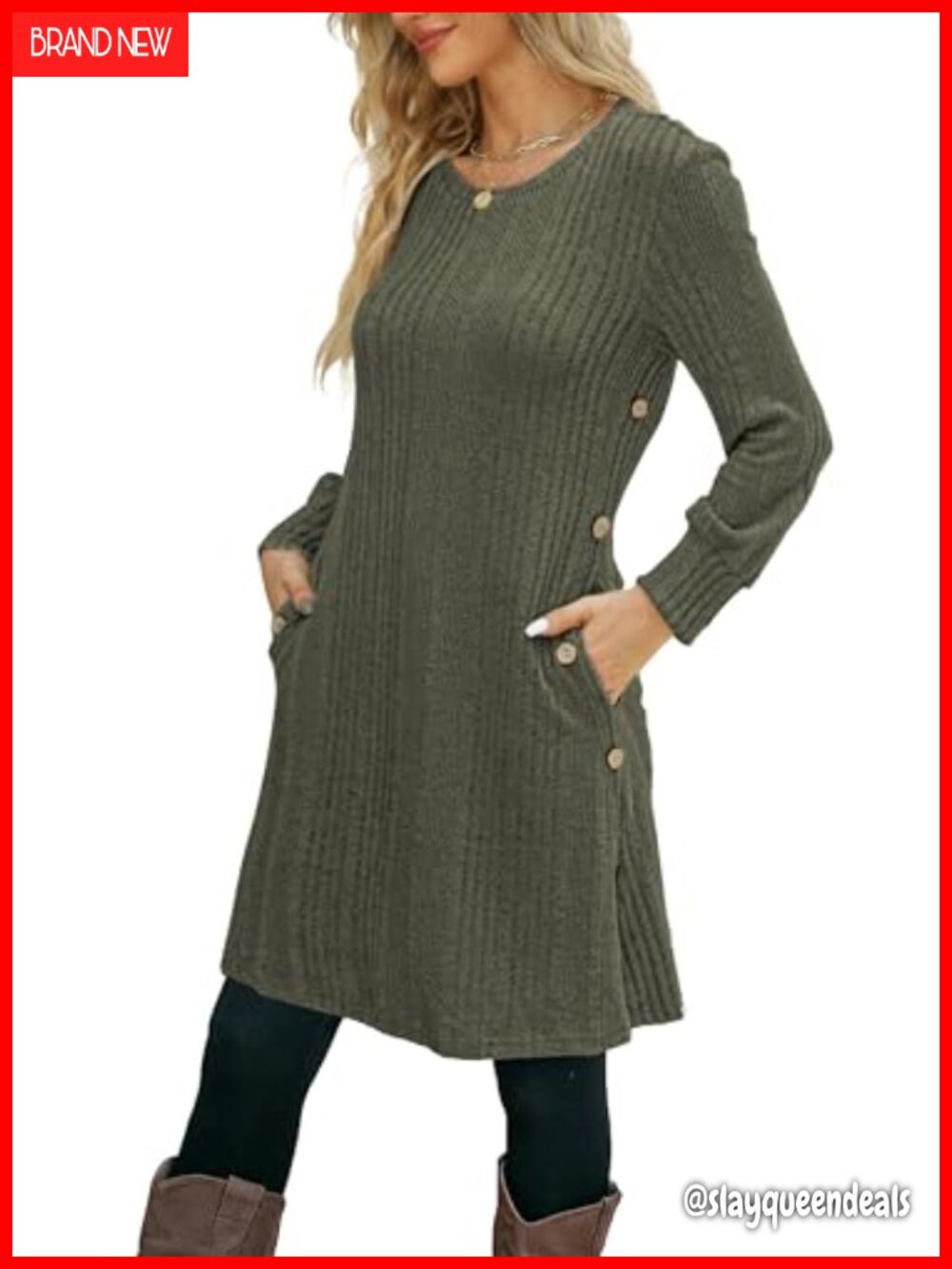 Women's Knit Long Sleeve Tunic Dress with Pockets Button Side Fall Winter